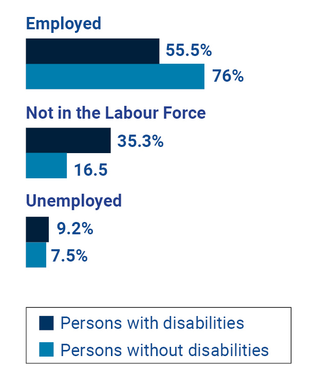 Horizontal bar graph that shows percentage of persons with and without disabilities in the labour force